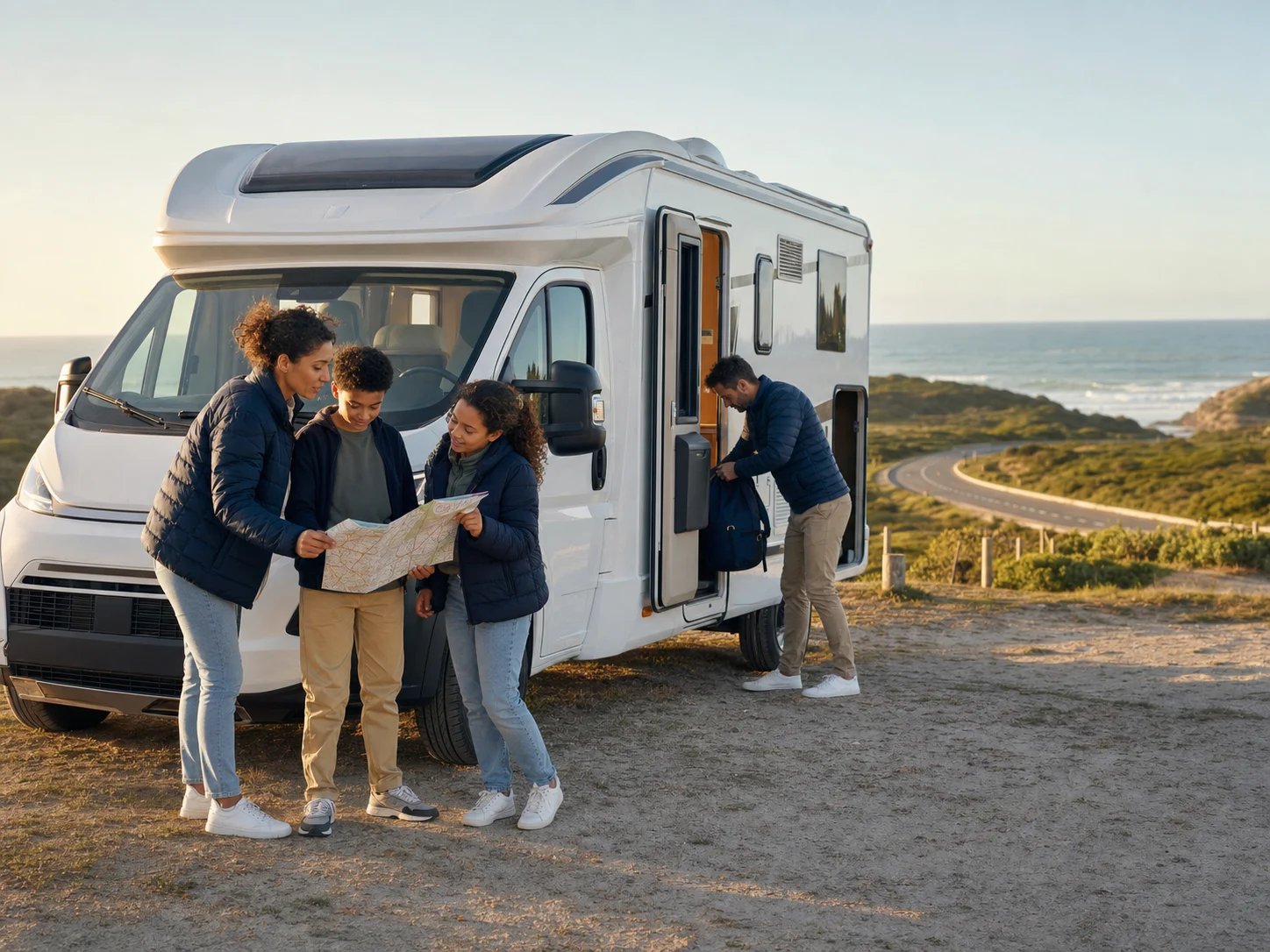 Une famille prépare son itinéraire devant un camping-car sur la côte